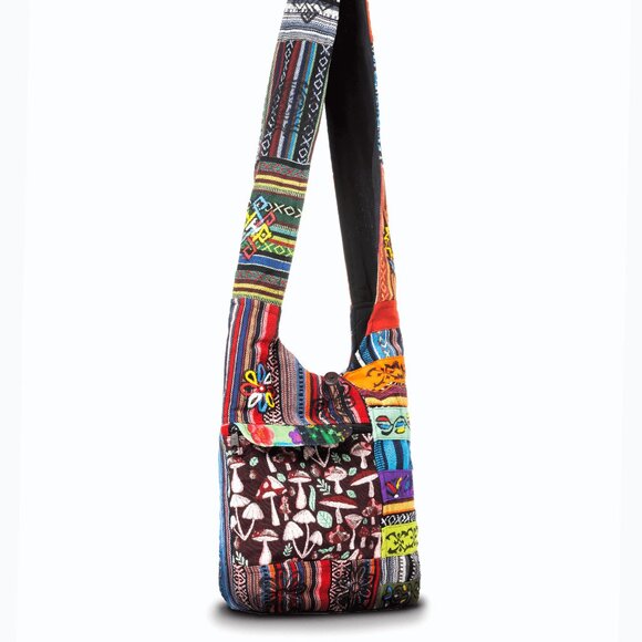 Tribal Stripe Patchwork Hobo Bag - Handmade Cotton Crossbody Bag from Nepal - Picture 7 of 7